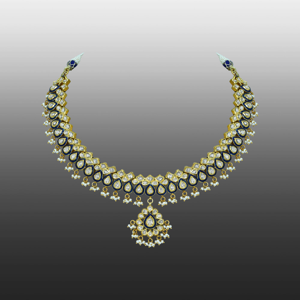 Layered Polki Necklace with Blue Enamel and Pearls